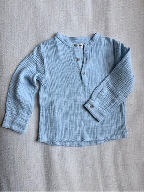 Lola Palacios Sky Blue Double Gauze Shirt, 4T Muslin Cotton Mandarin Collar Top